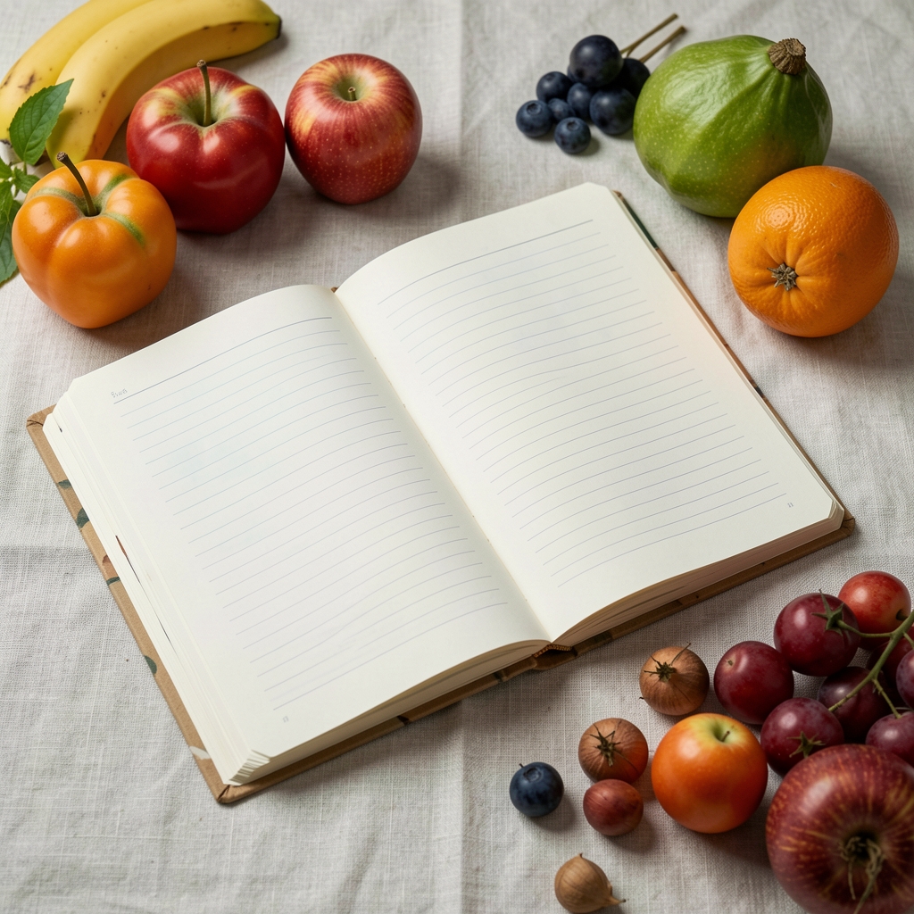 Open notebooks and seasonal produce on a pale linen surface, editorial preparation composition