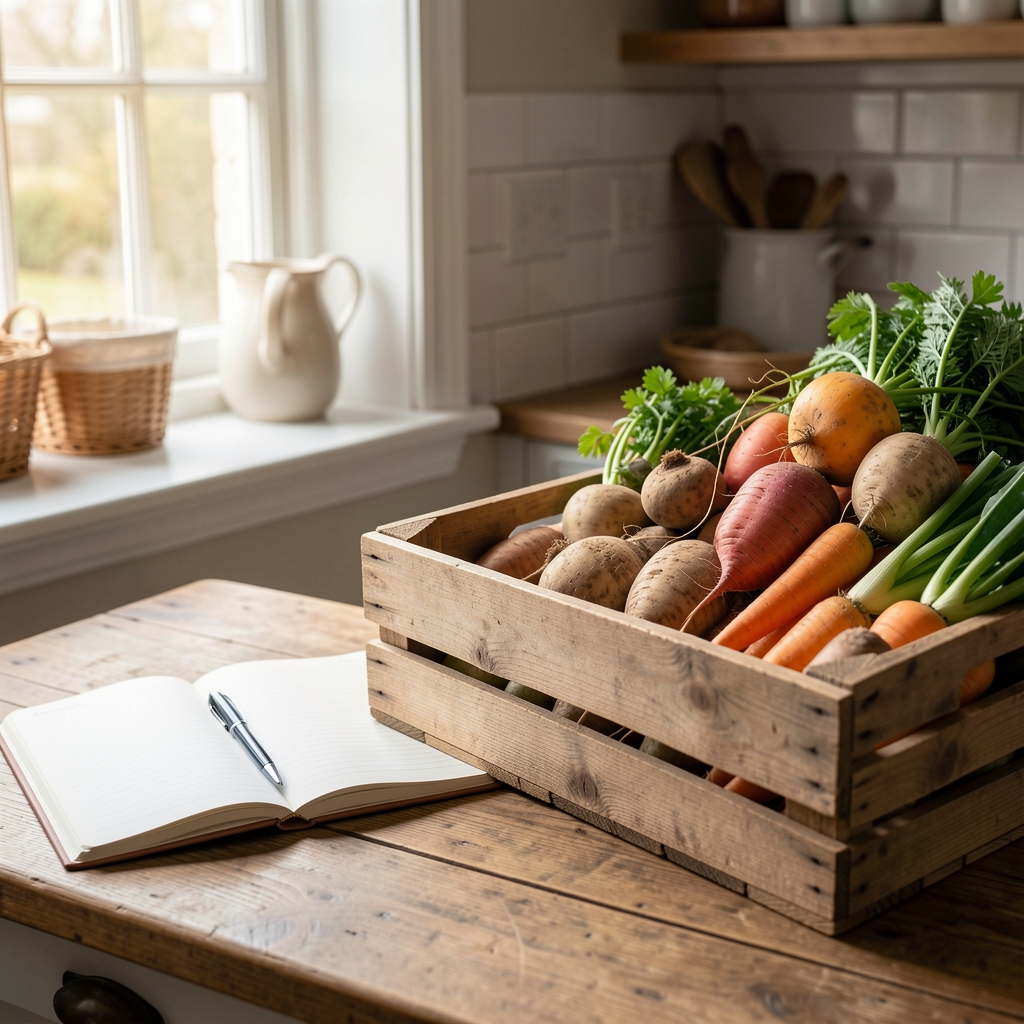 Notebook open beside a wooden market crate filled with seasonal root vegetables, soft morning light from a kitchen window