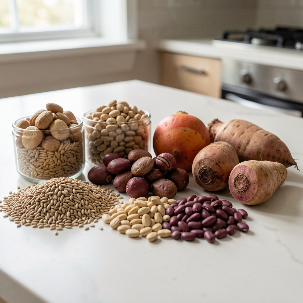 Assorted whole grains, legumes and root vegetables arranged on a pale kitchen counter in natural daylight