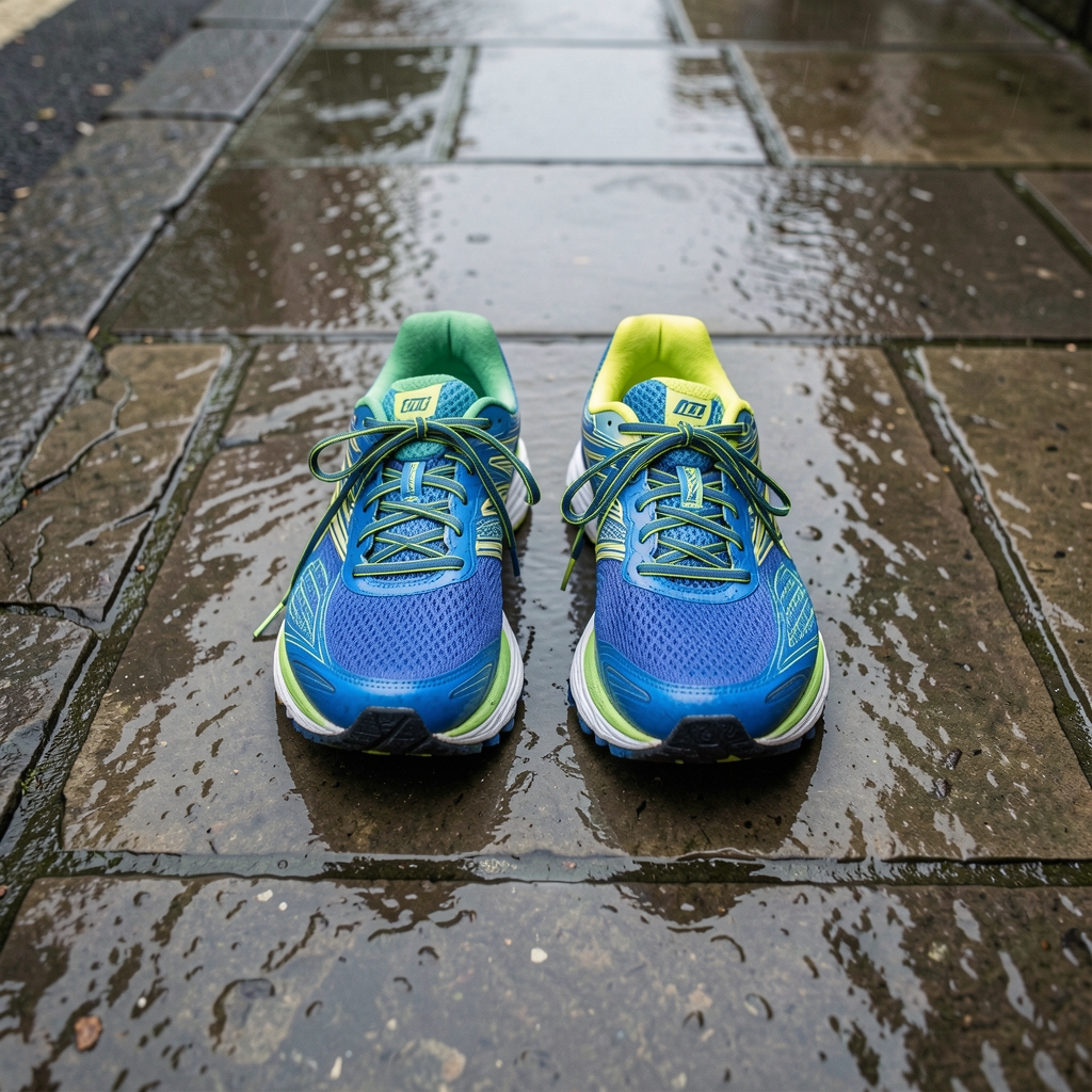 Running shoes placed on a damp London pavement in soft overcast morning light, viewed from above