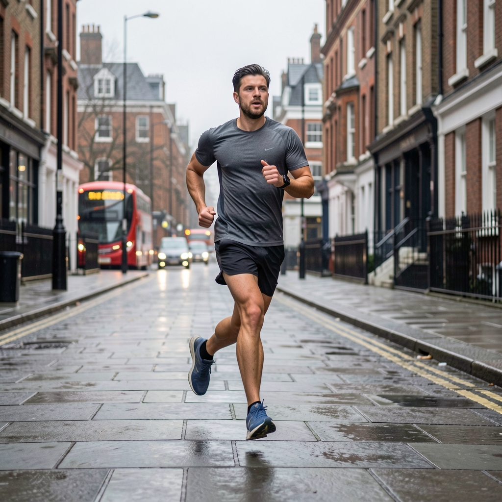 Runner in motion on a grey London pavement, early morning overcast light