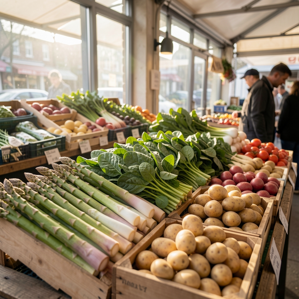 Market produce stall with spring vegetables — asparagus, spinach and new potatoes — in soft early morning light