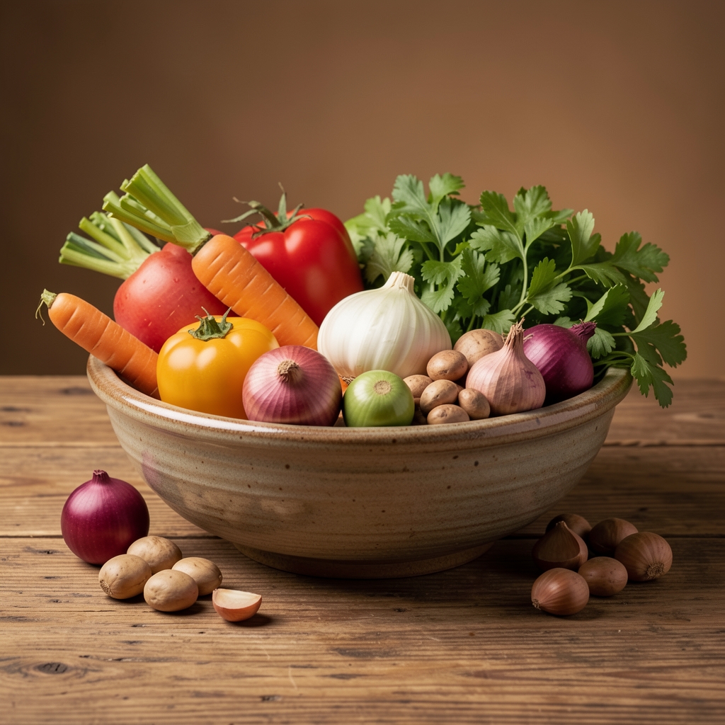 Seasonal vegetables and legumes in a ceramic bowl on a wooden table, warm studio lighting
