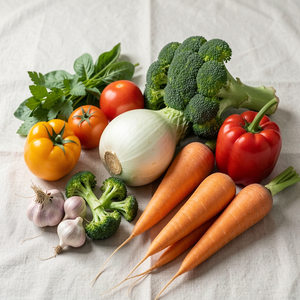 Seasonal vegetables arranged on a pale linen surface, editorial food composition in natural daylight